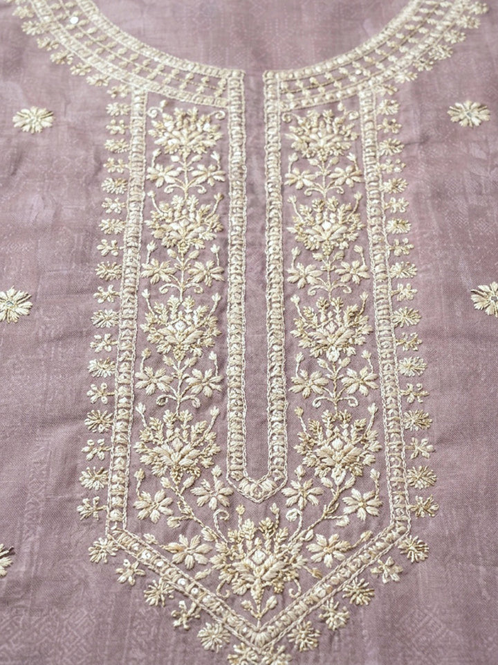 Pink Embroidered Linen Blend Unstitched Suit &amp; Pant With Linen Dupatta