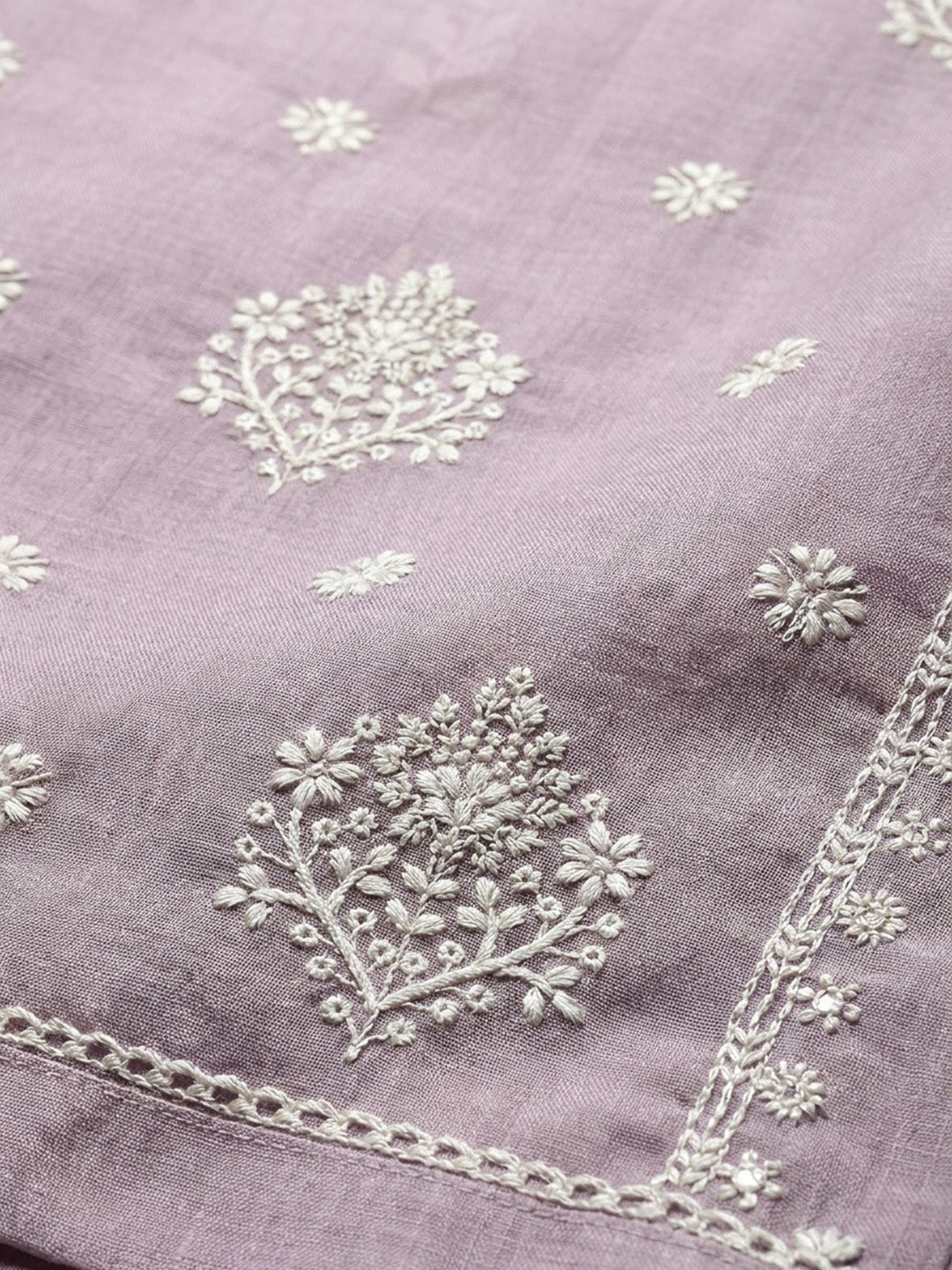 Pink Embroidered Linen Blend Unstitched Suit &amp; Pant With Linen Dupatta
