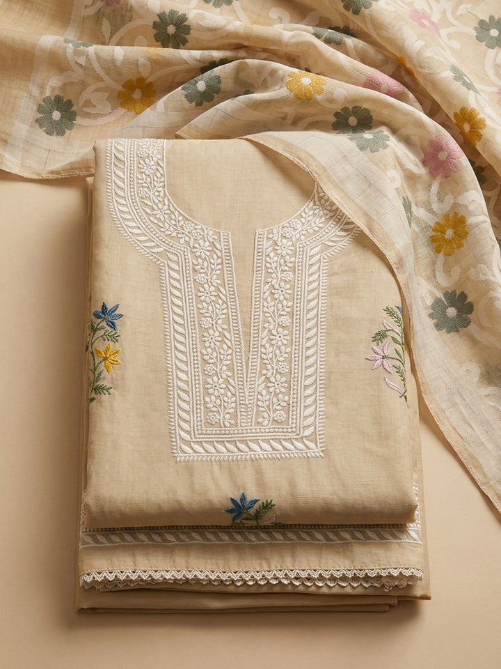 Beige Embroidery Chanderi Unstitched Dress Material