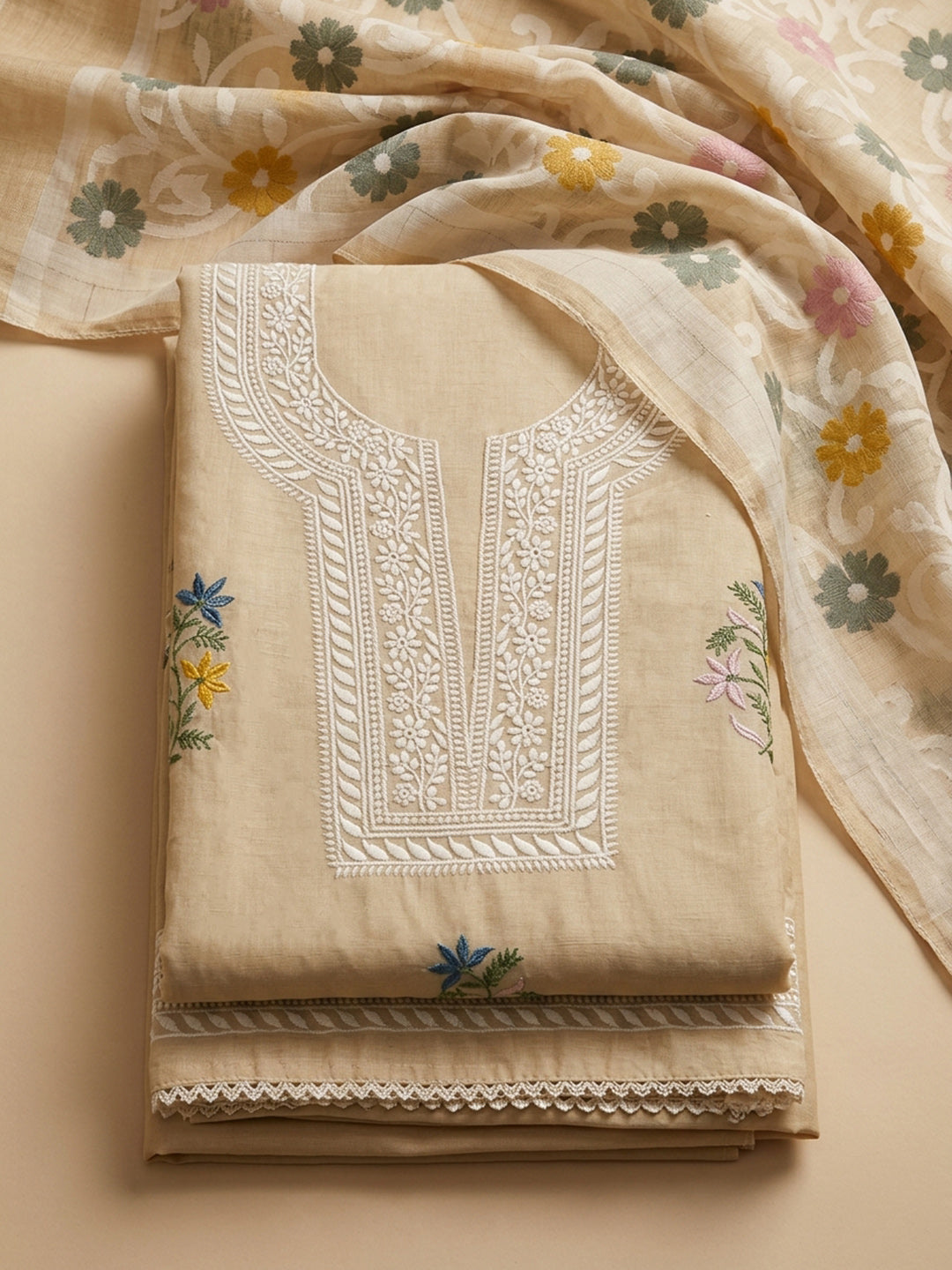 Beige Embroidery Chanderi Unstitched Dress Material