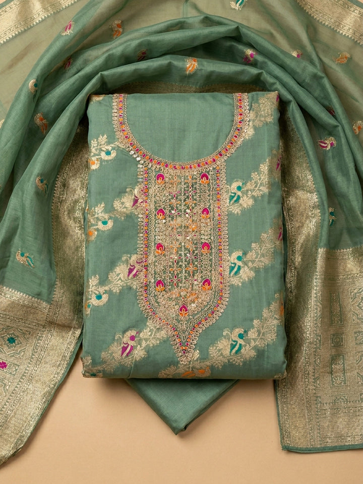 Aqua Green Embroidered Chanderi Unstitched Suit &amp; Pant With Chanderi Dupatta