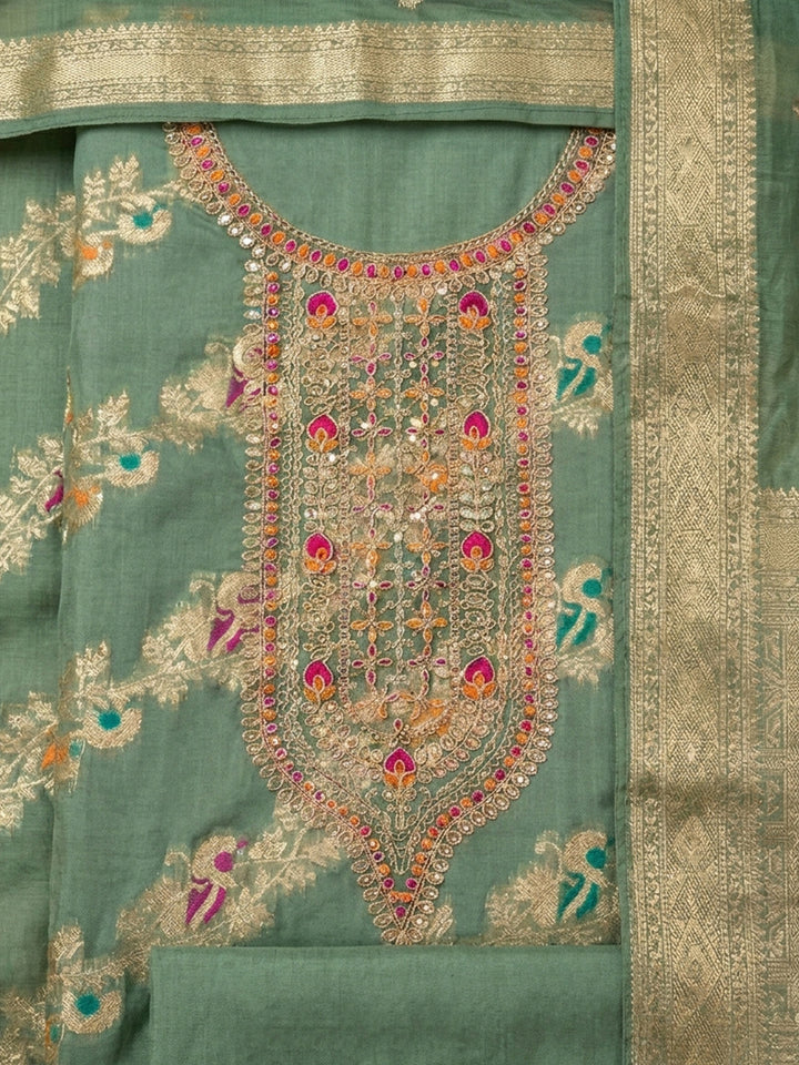 Aqua Green Embroidered Chanderi Unstitched Suit &amp; Pant With Chanderi Dupatta