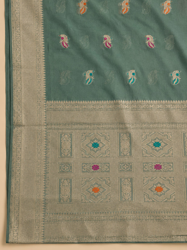 Aqua Green Embroidered Chanderi Unstitched Suit &amp; Pant With Chanderi Dupatta
