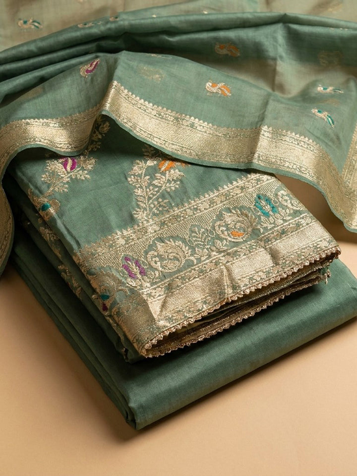 Aqua Green Embroidered Chanderi Unstitched Suit &amp; Pant With Chanderi Dupatta