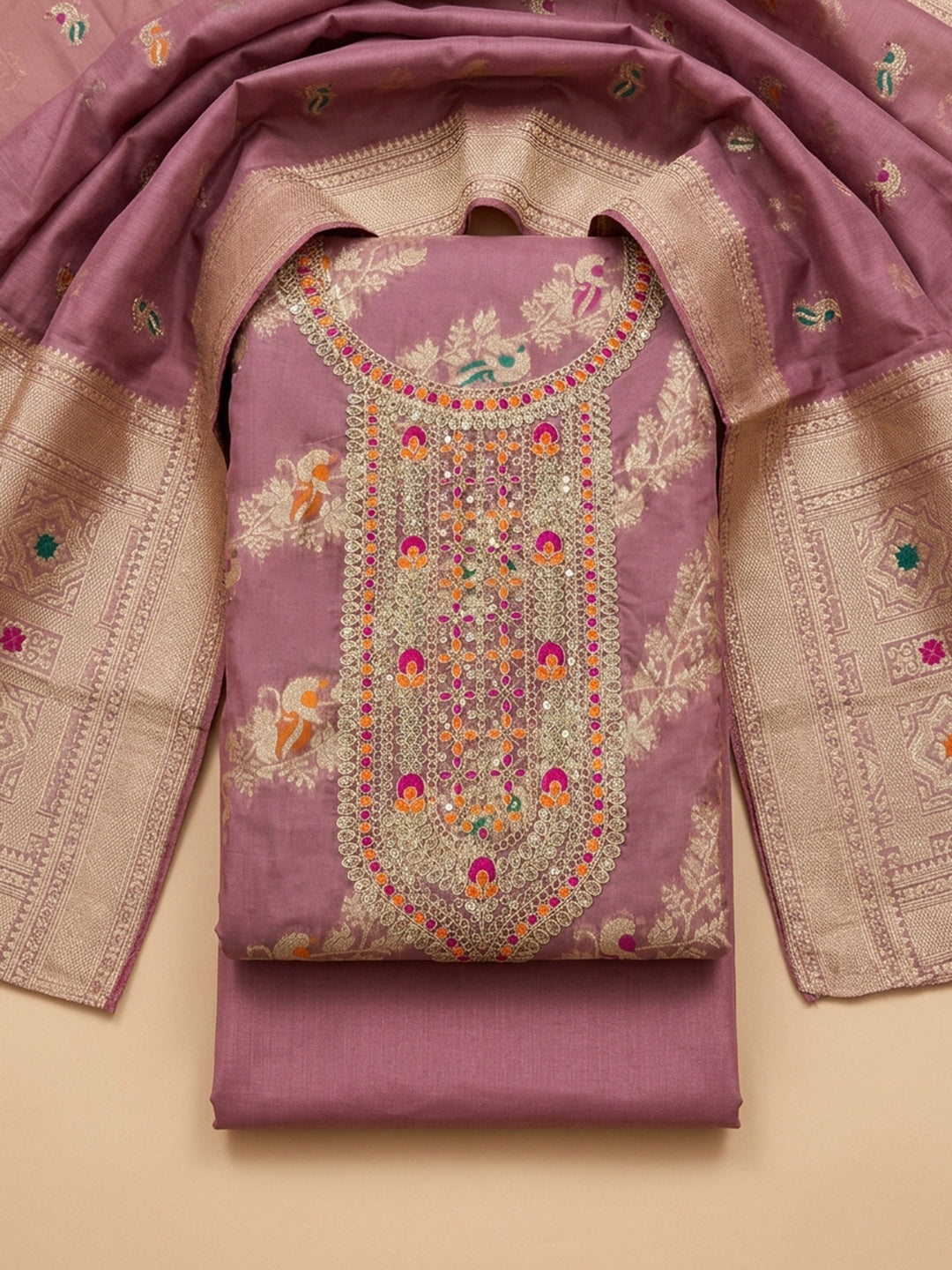 Pink Embroidered Chanderi Unstitched Suit &amp; Pant With Chanderi Dupatta
