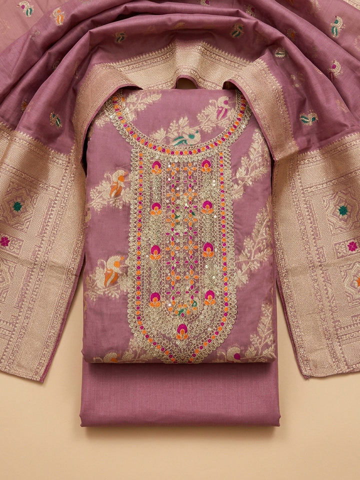 Pink Embroidered Chanderi Unstitched Suit &amp; Pant With Chanderi Dupatta