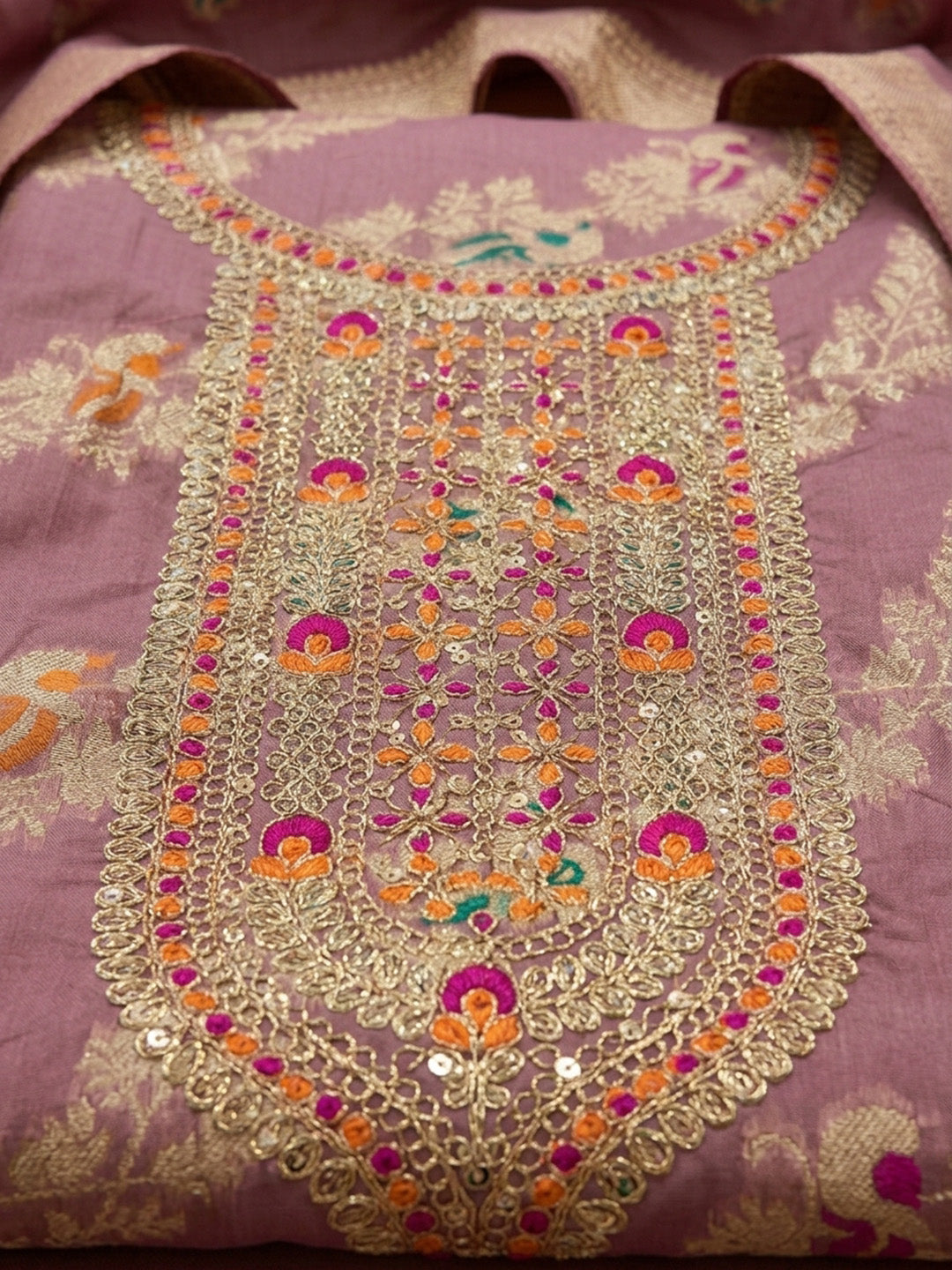 Pink Embroidered Chanderi Unstitched Suit &amp; Pant With Chanderi Dupatta