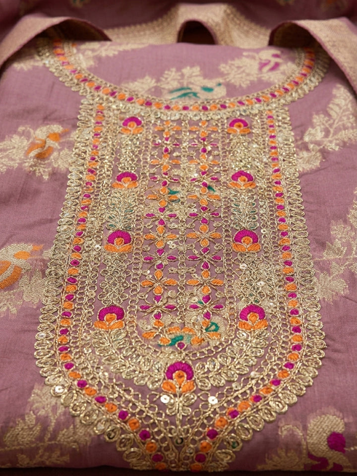 Pink Embroidered Chanderi Unstitched Suit &amp; Pant With Chanderi Dupatta