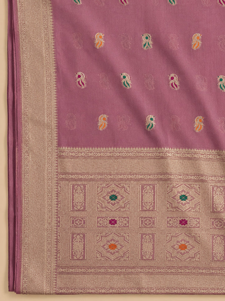 Pink Embroidered Chanderi Unstitched Suit &amp; Pant With Chanderi Dupatta
