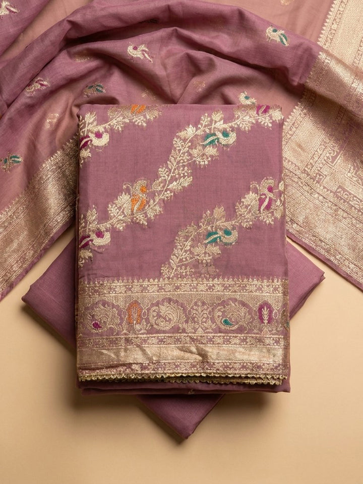 Pink Embroidered Chanderi Unstitched Suit &amp; Pant With Chanderi Dupatta