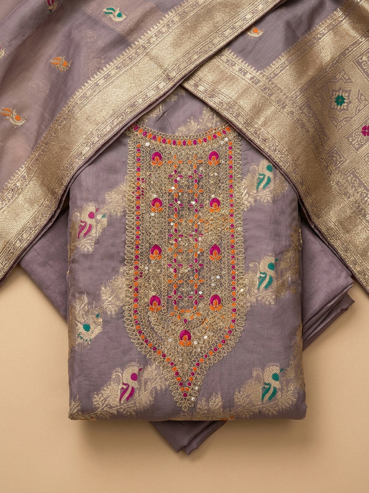 Purple Embroidered Chanderi Unstitched Suit &amp; Pant With Chanderi Dupatta