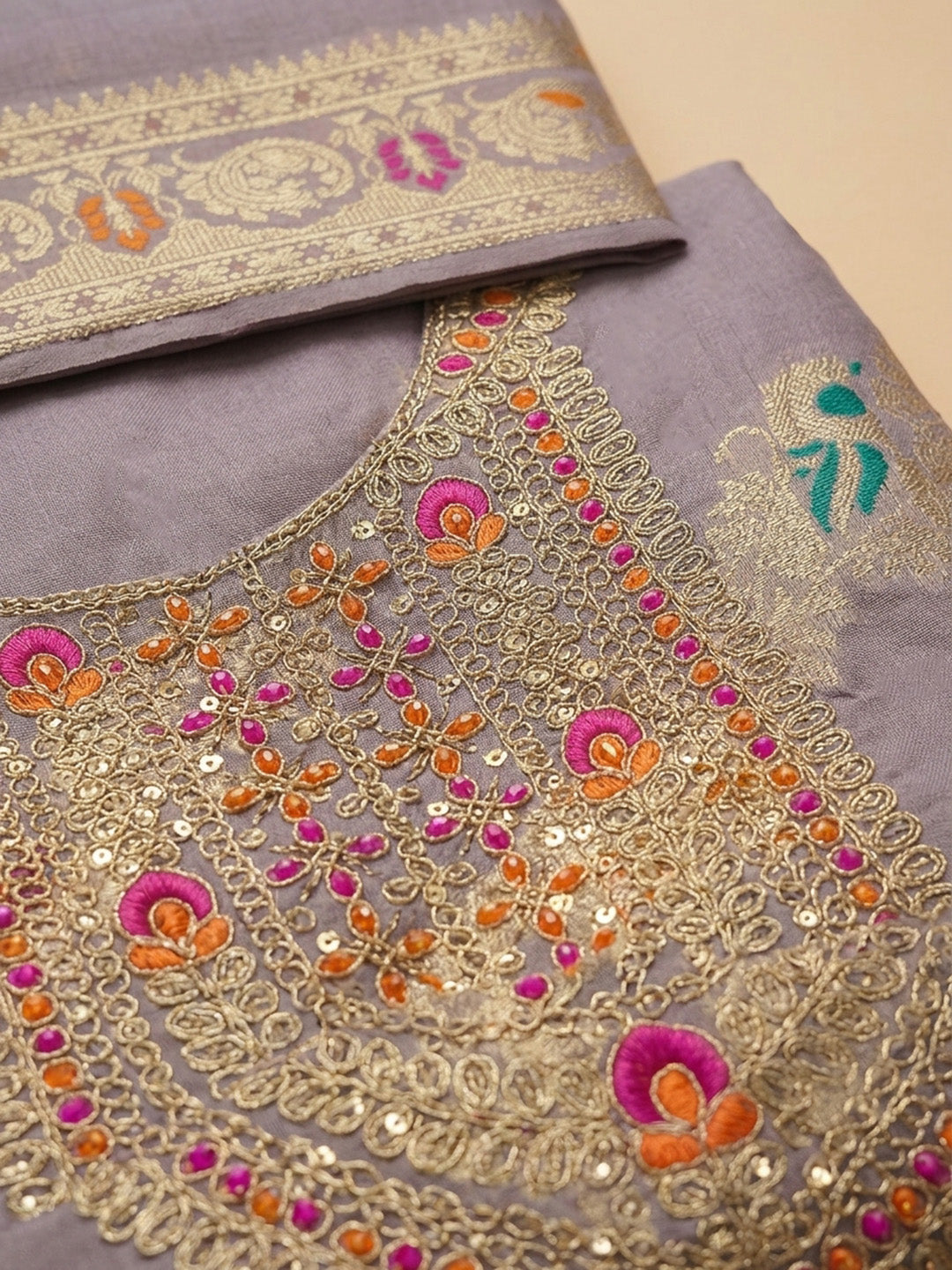 Purple Embroidered Chanderi Unstitched Suit &amp; Pant With Chanderi Dupatta