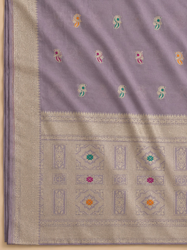 Purple Embroidered Chanderi Unstitched Suit &amp; Pant With Chanderi Dupatta