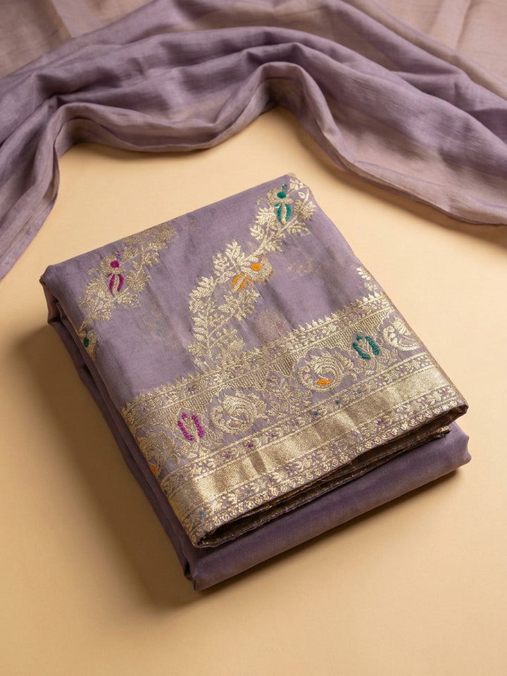 Purple Embroidered Chanderi Unstitched Suit &amp; Pant With Chanderi Dupatta