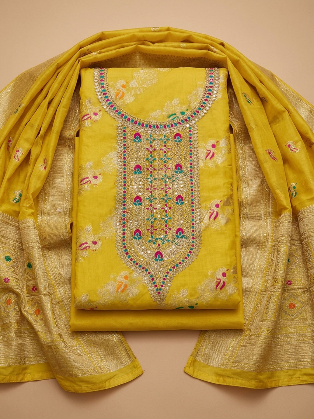 Yellow Embroidered Chanderi Unstitched Suit &amp; Pant With Chanderi Dupatta