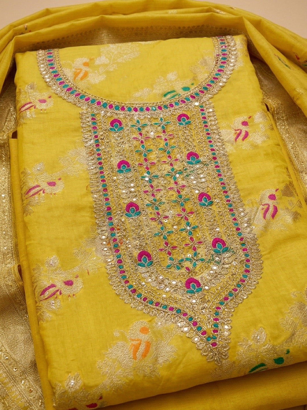 Yellow Embroidered Chanderi Unstitched Suit &amp; Pant With Chanderi Dupatta