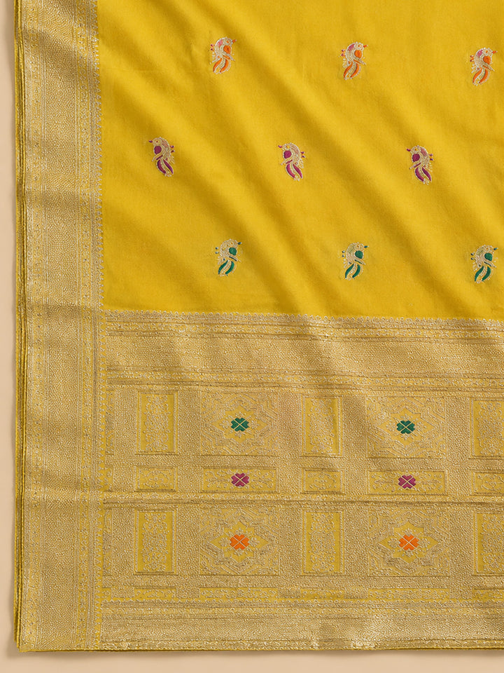 Yellow Embroidered Chanderi Unstitched Suit &amp; Pant With Chanderi Dupatta
