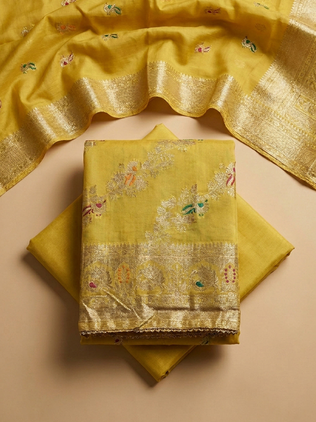 Yellow Embroidered Chanderi Unstitched Suit &amp; Pant With Chanderi Dupatta