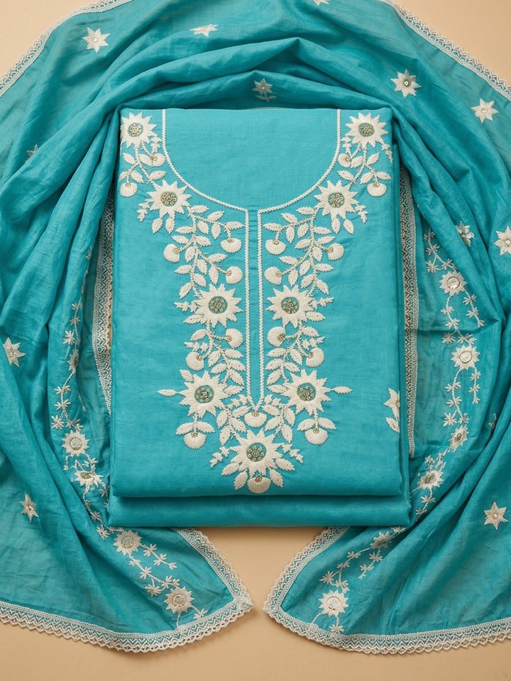 Firozee Embroidered Cotton Blend Unstitched Suit &amp; Pant With Cotton Dupatta