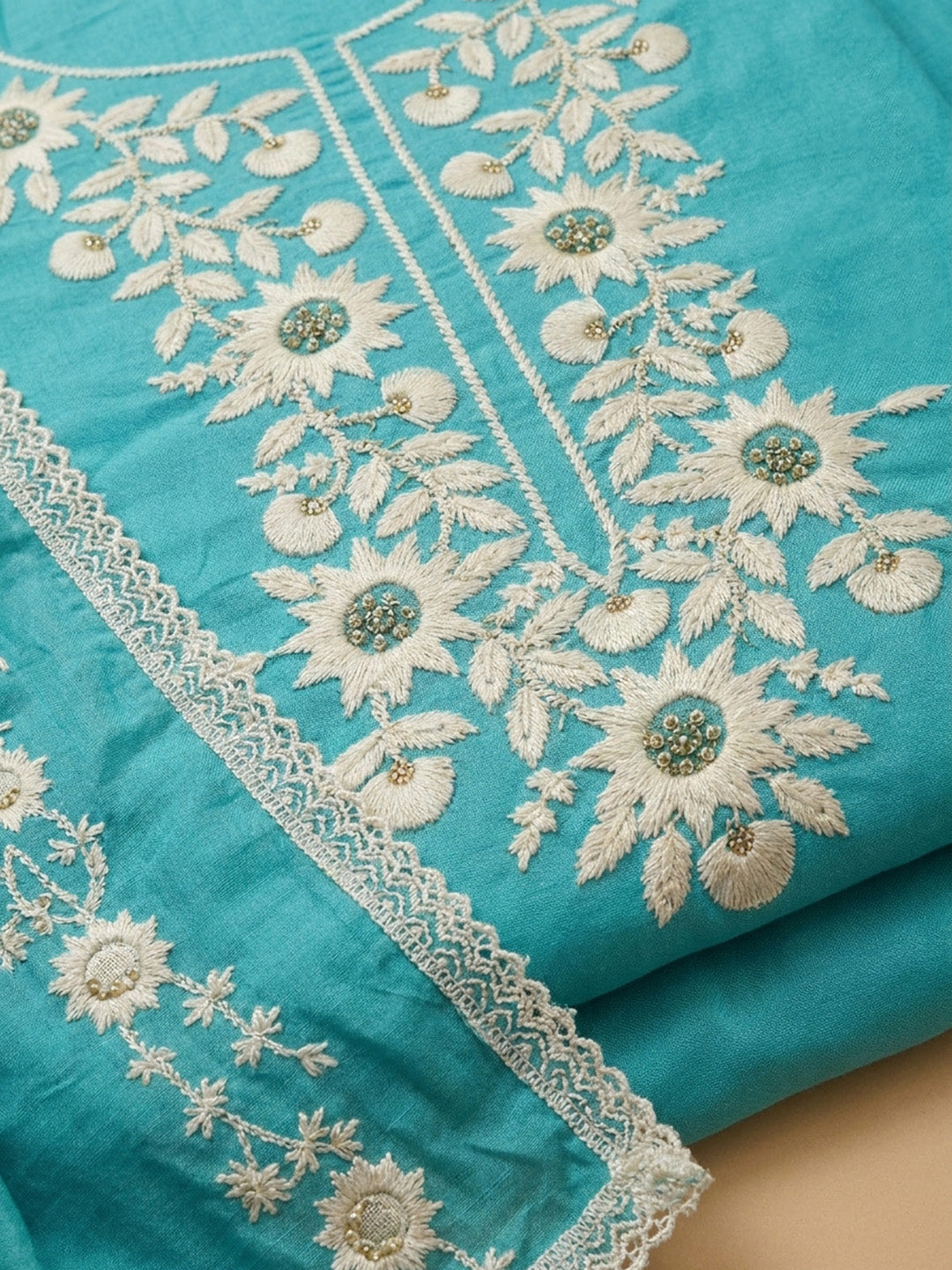 Firozee Embroidered Cotton Blend Unstitched Suit &amp; Pant With Cotton Dupatta