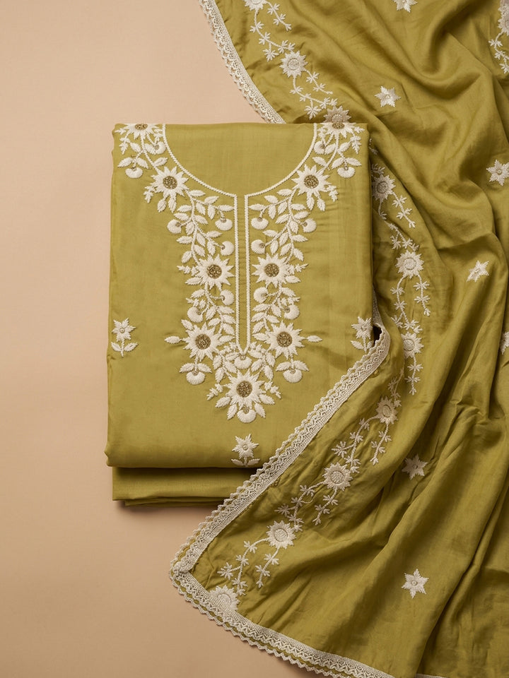 Lemon Embroidered Cotton Blend Unstitched Suit &amp; Pant With Cotton Dupatta