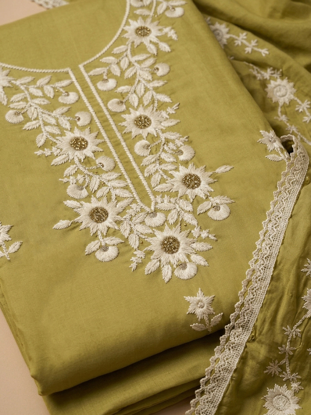 Lemon Embroidered Cotton Blend Unstitched Suit &amp; Pant With Cotton Dupatta