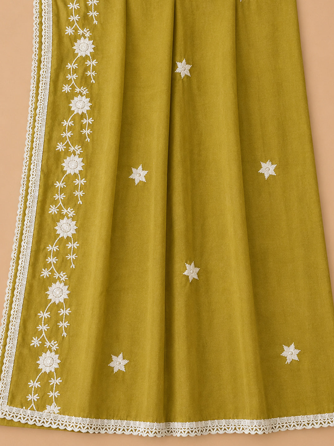 Lemon Embroidered Cotton Blend Unstitched Suit &amp; Pant With Cotton Dupatta