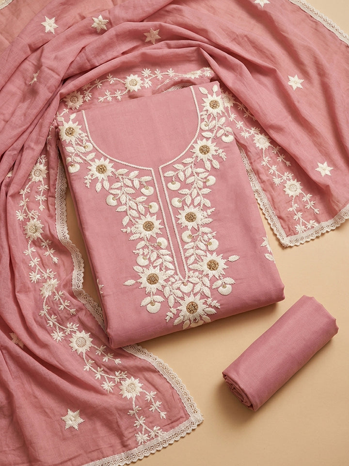 Pink Embroidered Cotton Blend Unstitched Suit &amp; Pant With Cotton Dupatta