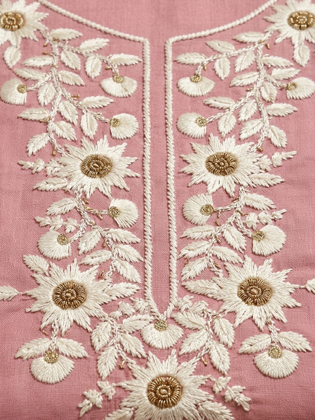 Pink Embroidered Cotton Blend Unstitched Suit &amp; Pant With Cotton Dupatta