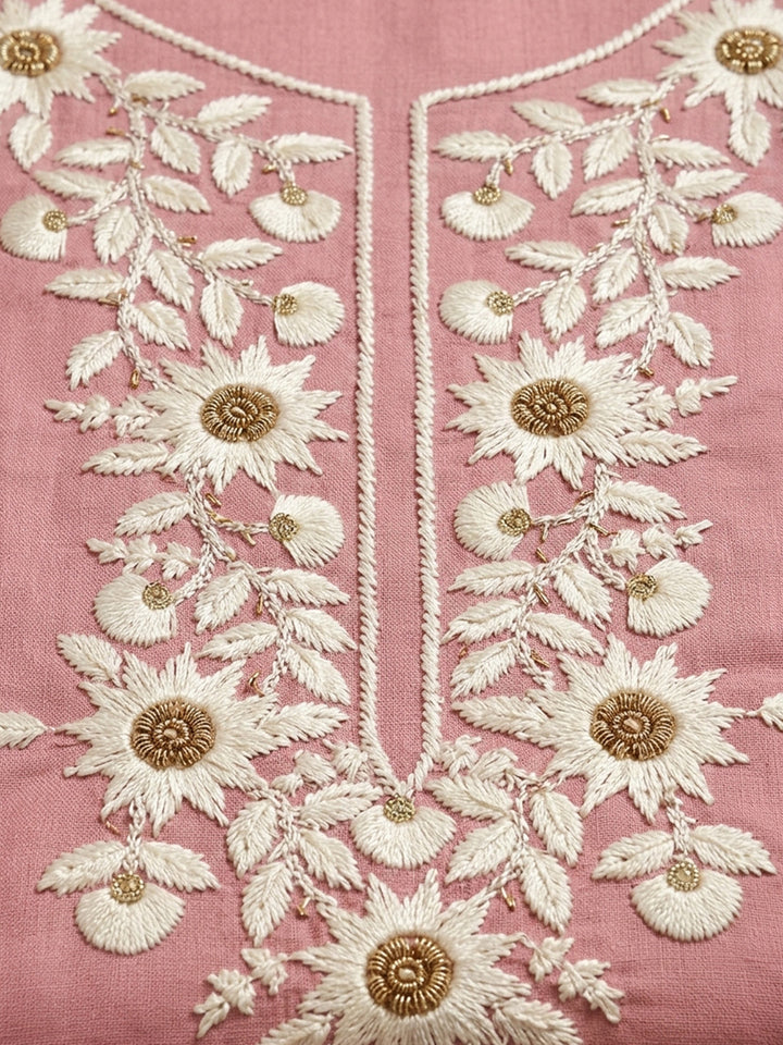 Pink Embroidered Cotton Blend Unstitched Suit &amp; Pant With Cotton Dupatta