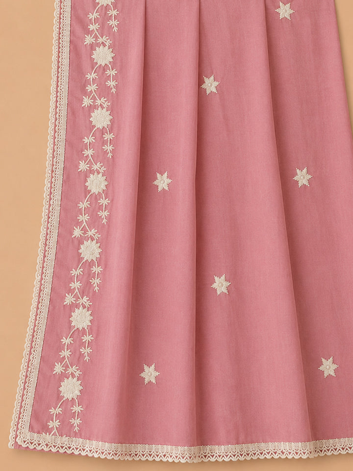 Pink Embroidered Cotton Blend Unstitched Suit &amp; Pant With Cotton Dupatta