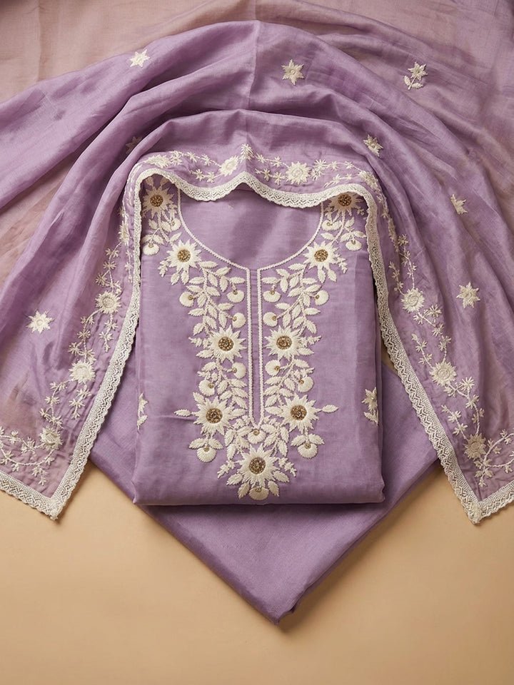 Purple Embroidered Cotton Blend Unstitched Suit &amp; Pant With Cotton Dupatta