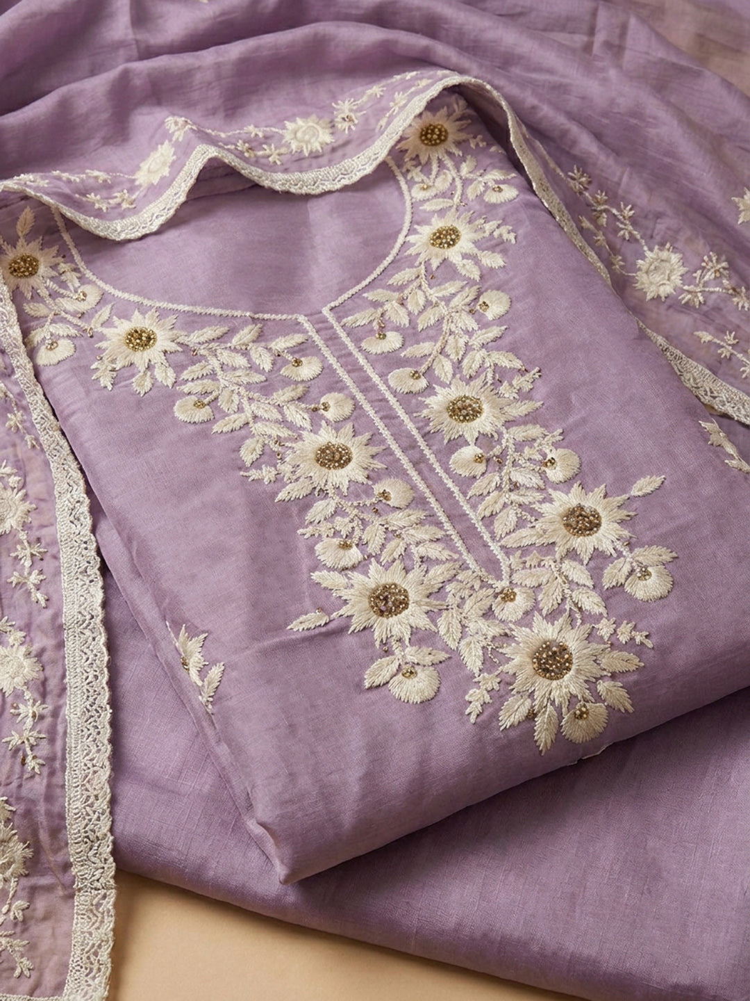 Purple Embroidered Cotton Blend Unstitched Suit &amp; Pant With Cotton Dupatta