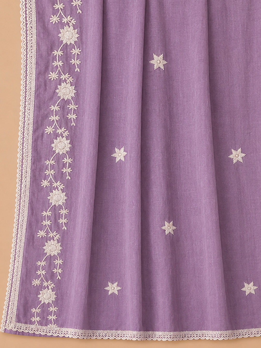 Purple Embroidered Cotton Blend Unstitched Suit &amp; Pant With Cotton Dupatta
