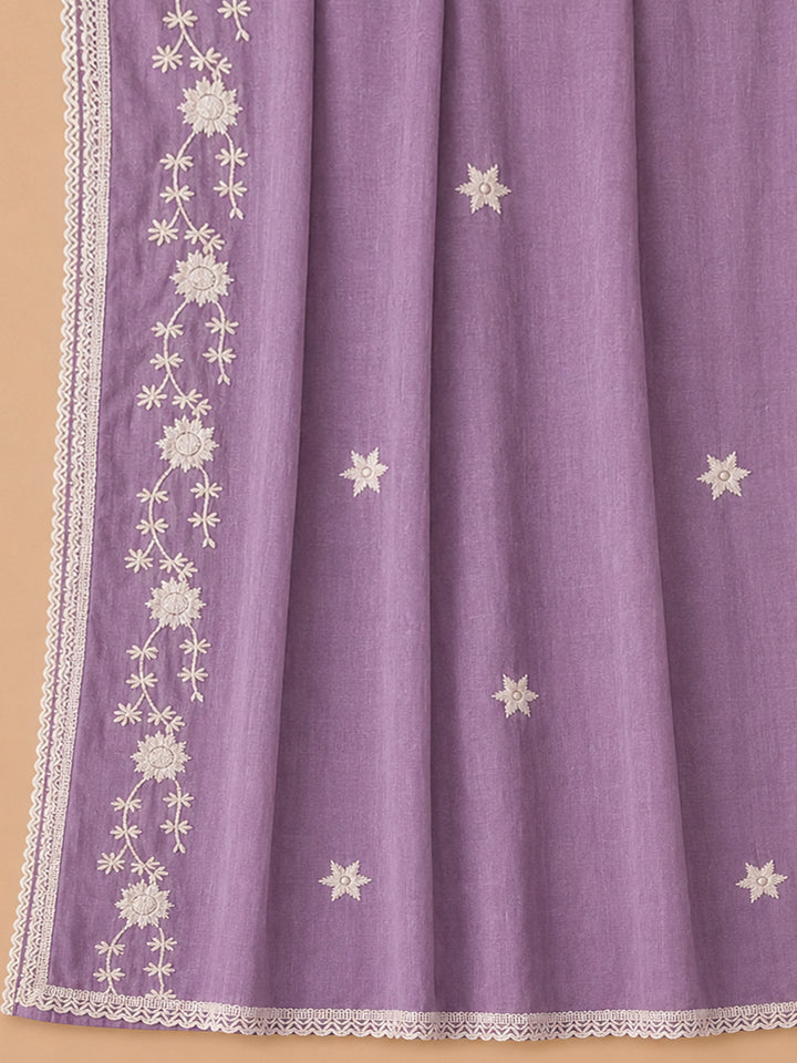 Purple Embroidered Cotton Blend Unstitched Suit &amp; Pant With Cotton Dupatta