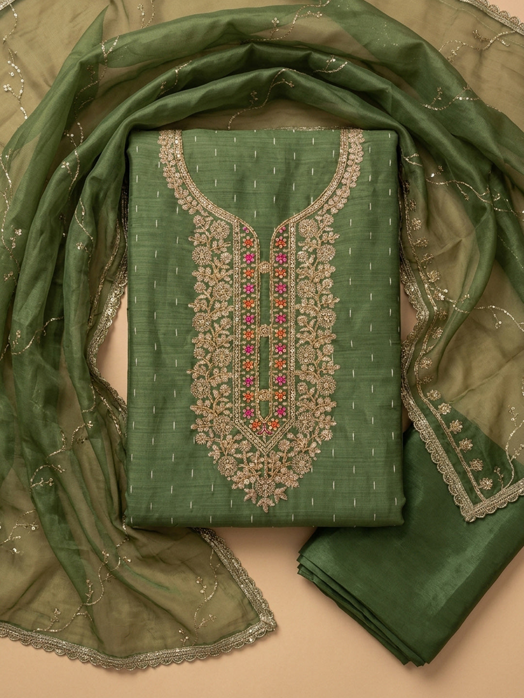 Bottle Green Embroidered Chanderi Unstitched Suit &amp; Pant With Chanderi Dupatta