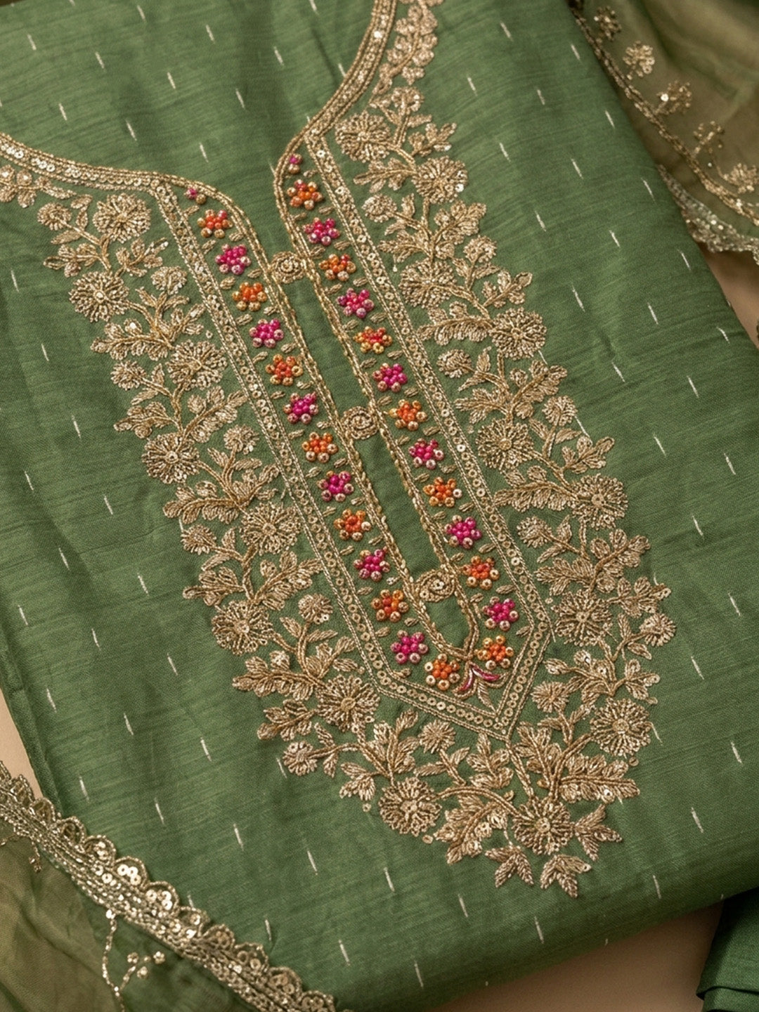 Bottle Green Embroidered Chanderi Unstitched Suit &amp; Pant With Chanderi Dupatta