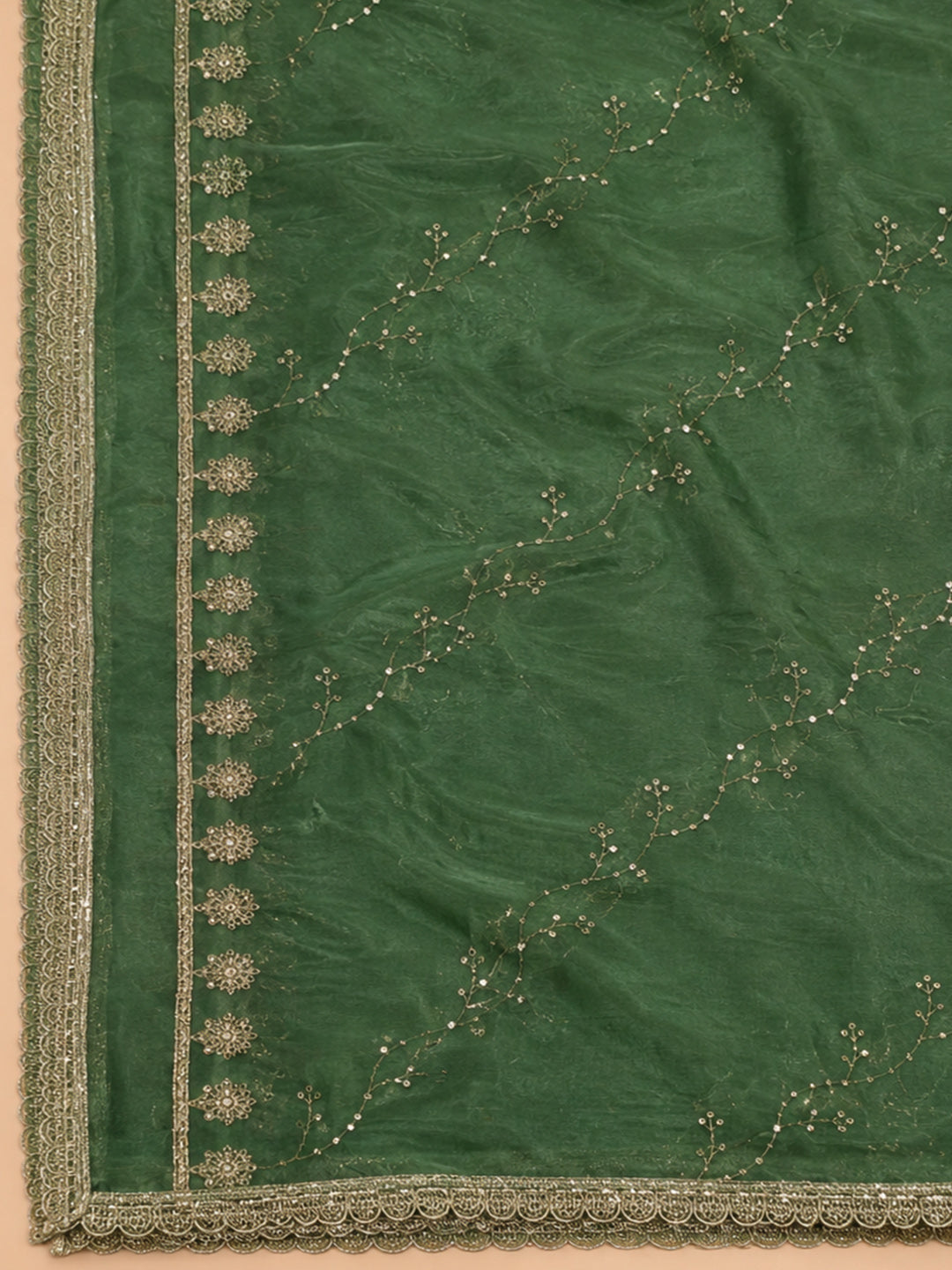 Bottle Green Embroidered Chanderi Unstitched Suit &amp; Pant With Chanderi Dupatta