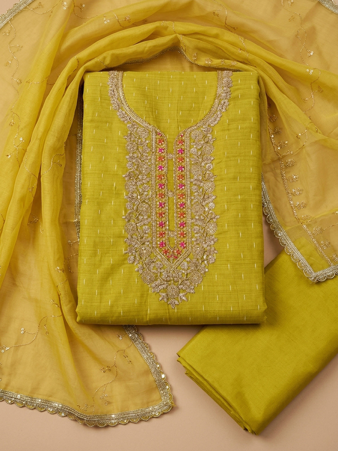 Mustard Embroidered Chanderi Unstitched Suit &amp; Pant With Chanderi Dupatta