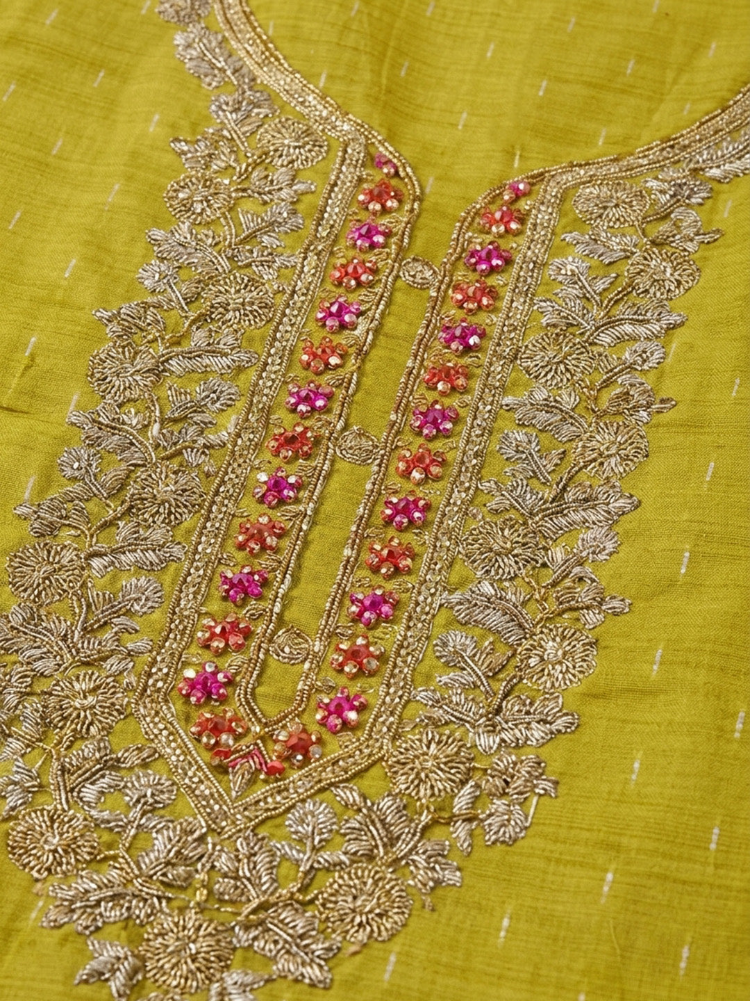 Mustard Embroidered Chanderi Unstitched Suit &amp; Pant With Chanderi Dupatta