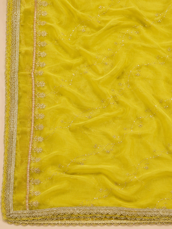 Mustard Embroidered Chanderi Unstitched Suit &amp; Pant With Chanderi Dupatta