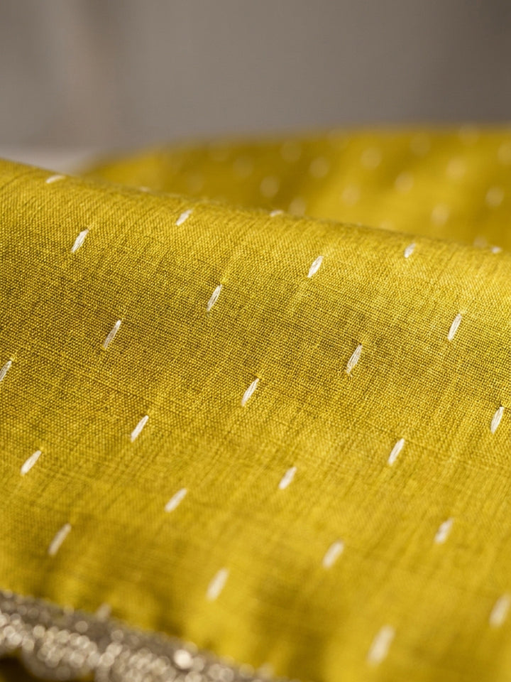 Mustard Embroidered Chanderi Unstitched Suit &amp; Pant With Chanderi Dupatta