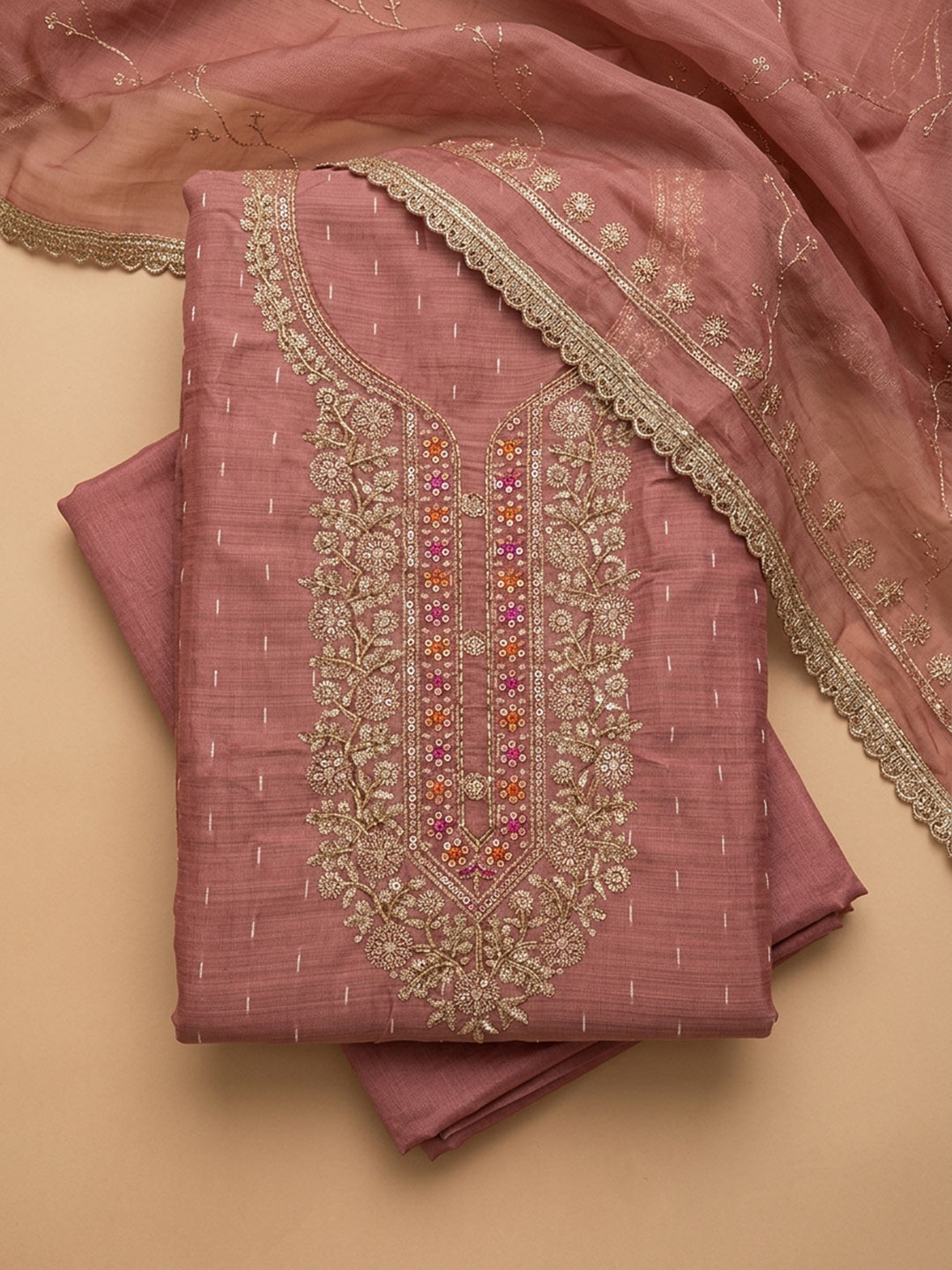 Onion Pink Embroidered Chanderi Unstitched Suit &amp; Pant With Chanderi Dupatta