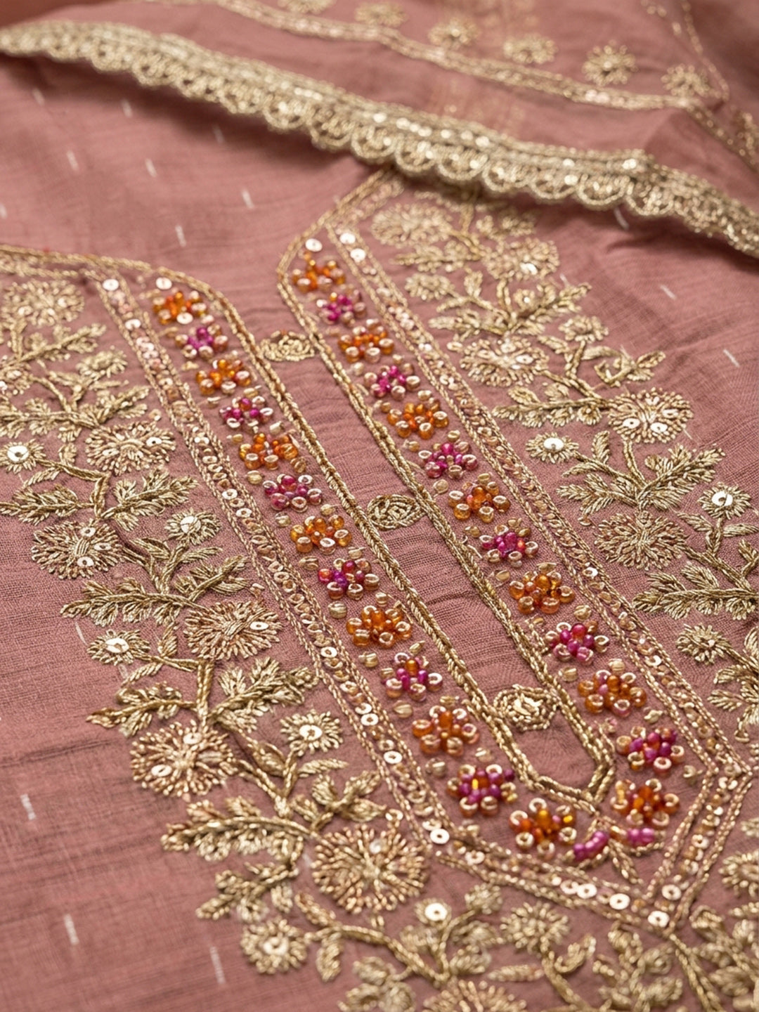 Onion Pink Embroidered Chanderi Unstitched Suit &amp; Pant With Chanderi Dupatta