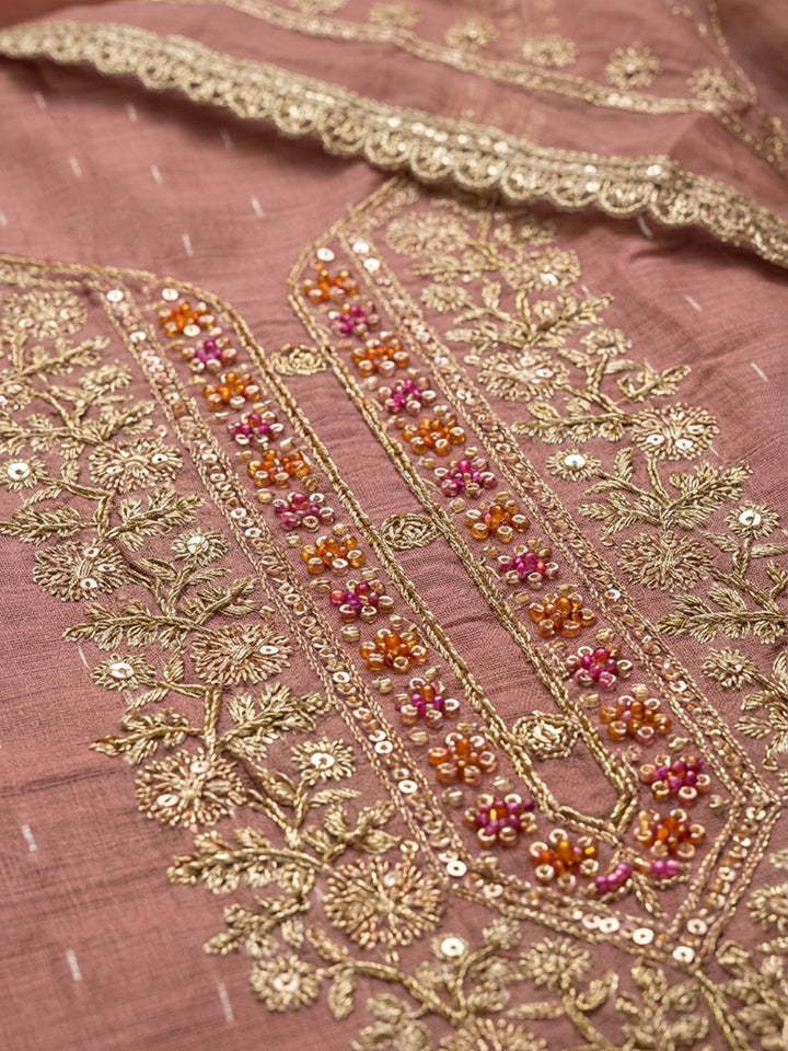 Onion Pink Embroidered Chanderi Unstitched Suit &amp; Pant With Chanderi Dupatta