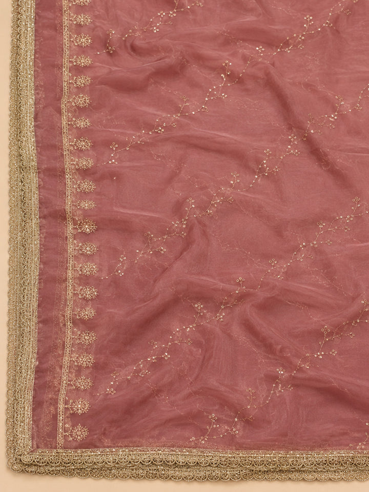 Onion Pink Embroidered Chanderi Unstitched Suit &amp; Pant With Chanderi Dupatta