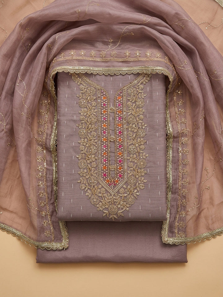 Purple Embroidered Chanderi Unstitched Suit &amp; Pant With Chanderi Dupatta