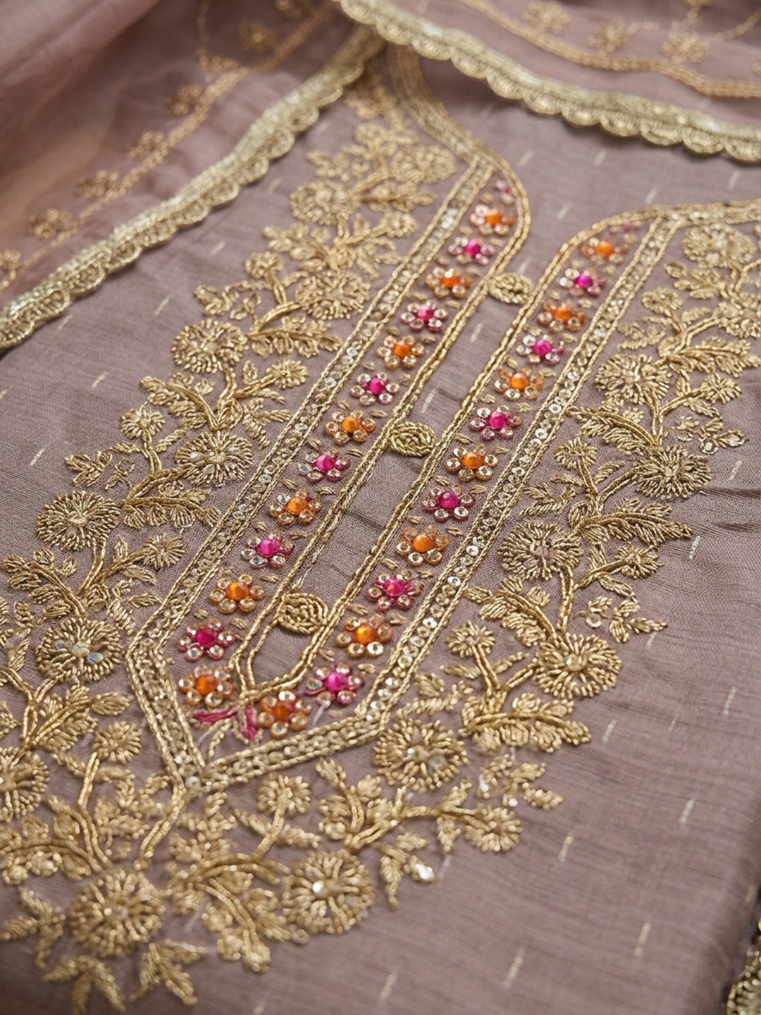 Purple Embroidered Chanderi Unstitched Suit &amp; Pant With Chanderi Dupatta