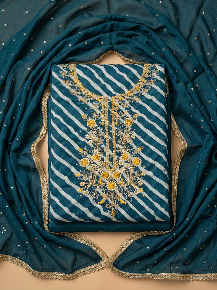 Blue Chanderi Embroidered Unstitched Dress Material