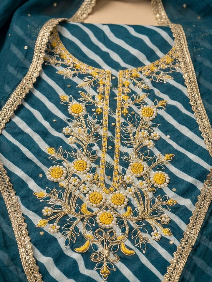 Blue Chanderi Embroidered Unstitched Dress Material